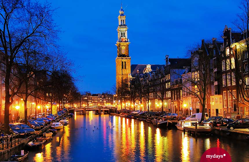Amsterdam bei Nacht Kanal Lichter
